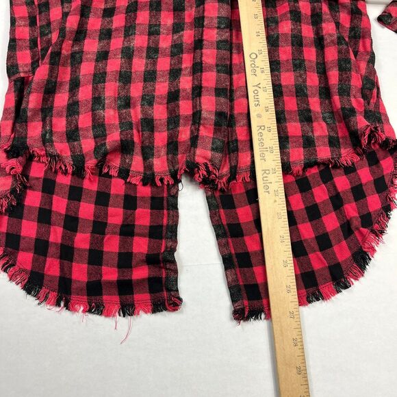 Cloth & Stone Red Black Buffalo Check Button Shirt Small Raw Hem Hi Low Grunge - Picture 7 of 11